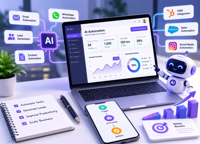 AI automation services with an AI-powered dashboard, automated workflows, lead generation, CRM integration, and business growth analytics.
